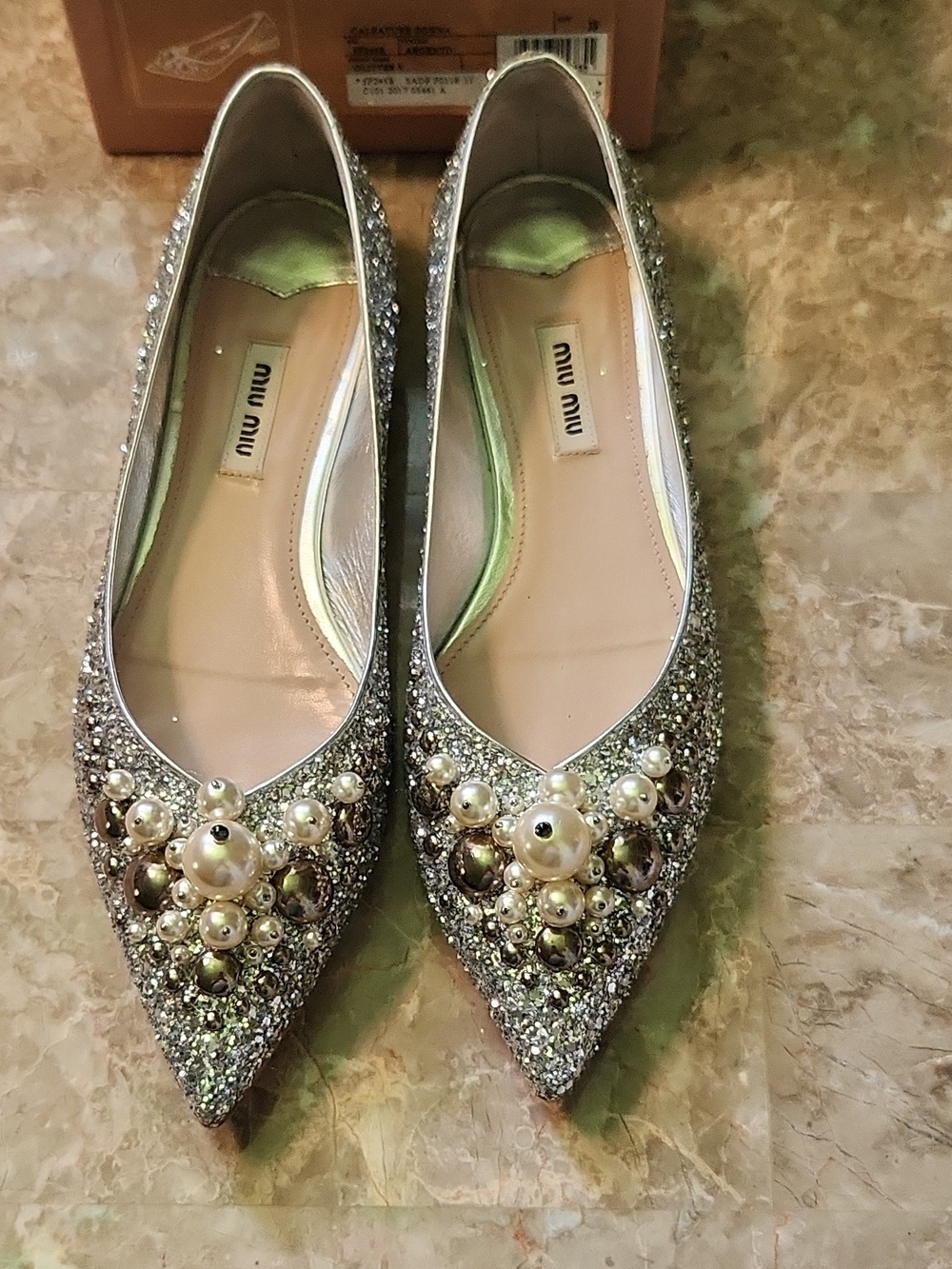 Miu Miu Silver Crystal & Pearl Pointed Flats